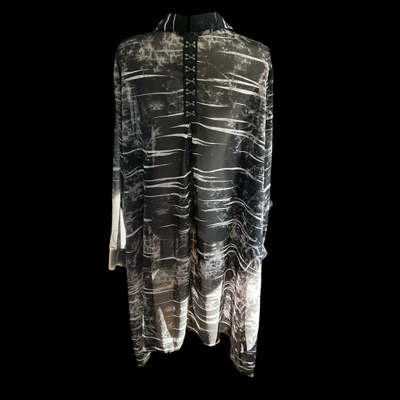 Black/White Abstract Print Long Sleeve Sheer Tunic Blouse - Picture 2 of 3